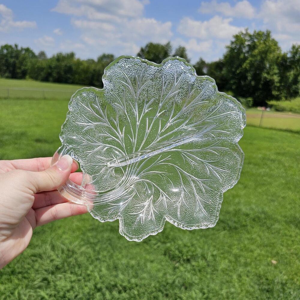 Vintage Indiana Glass Pebble Leaf Nappy Dish: Clear Glass Relish Bowl